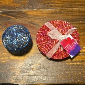 Beaded Blue Trinket Box and Red Coaster Set